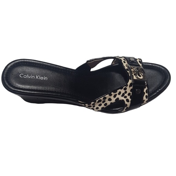 Calvin Klein "Rebah" black white spotted faux calf hair platform cutout wedges - Picture 6 of 8